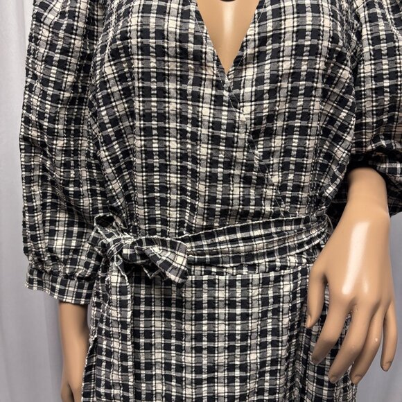 A New Day Plaid Midi Wrap Dress Womens Size Medium Puff Sleeves Belted Casual - Picture 3 of 9